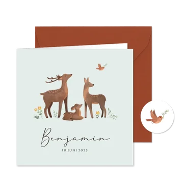 Geboortekaartje hertenfamilie bloemen vogel lief